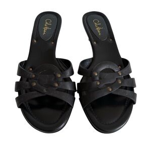 Cole Haan Black Slide Sandals with Gold Accents